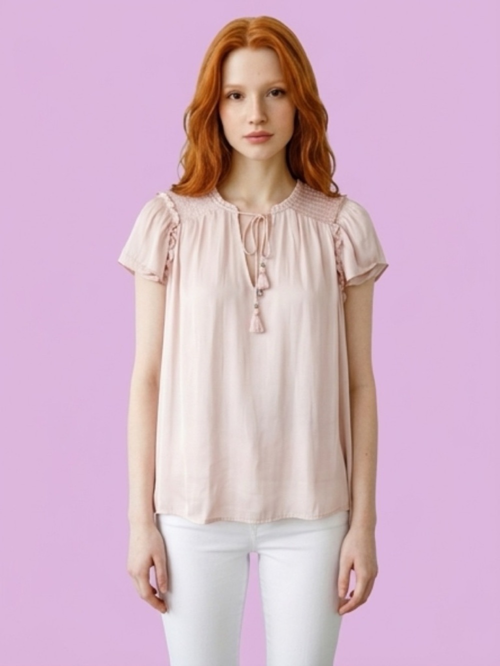PAIGE Blush Tassel Tie Flutter Sleeve Blouse